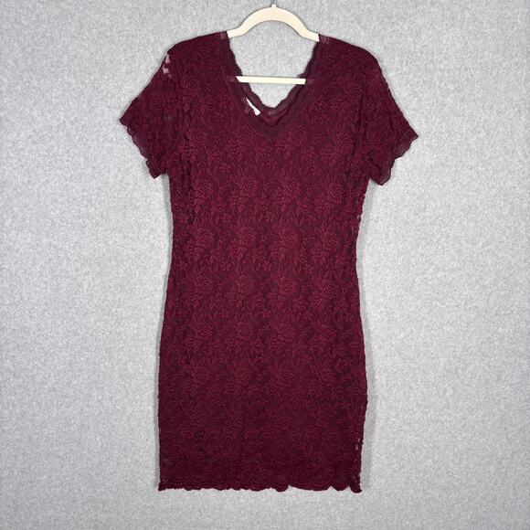 Maurices Lace Dress Large Burgundy Tight Sheer Scalloped Fairy Romantic Feminine - Picture 1 of 12